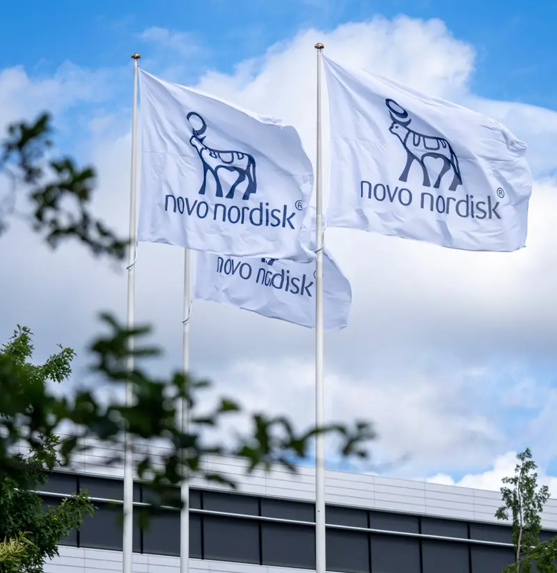 Foto viser 3 Novo Nordisk flagg.