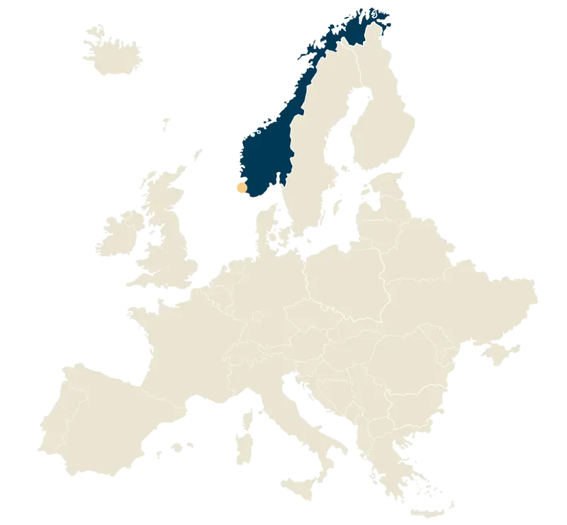 A map of Europe and the Nordic countries in which Norway and the city Stavanger is marked.