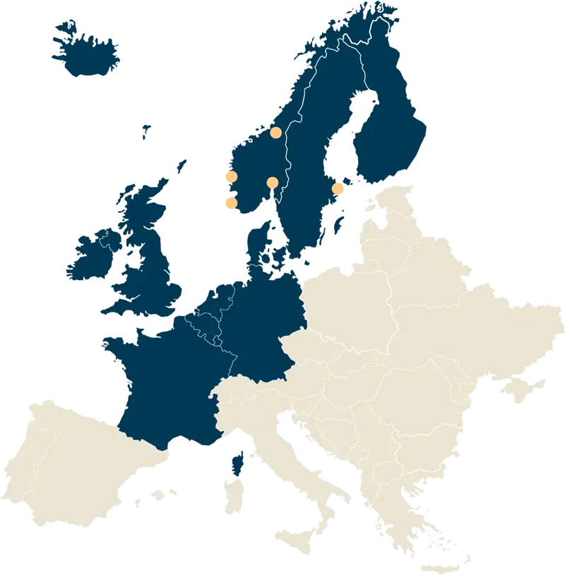 A map of Europe and the Nordic countries where markets and cities in which we are represented are marked.
