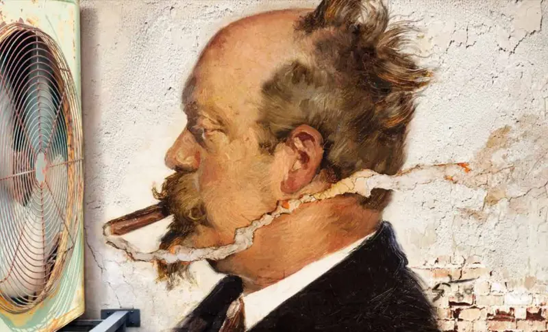 Painting of a man smoking a cigar in front of a fan